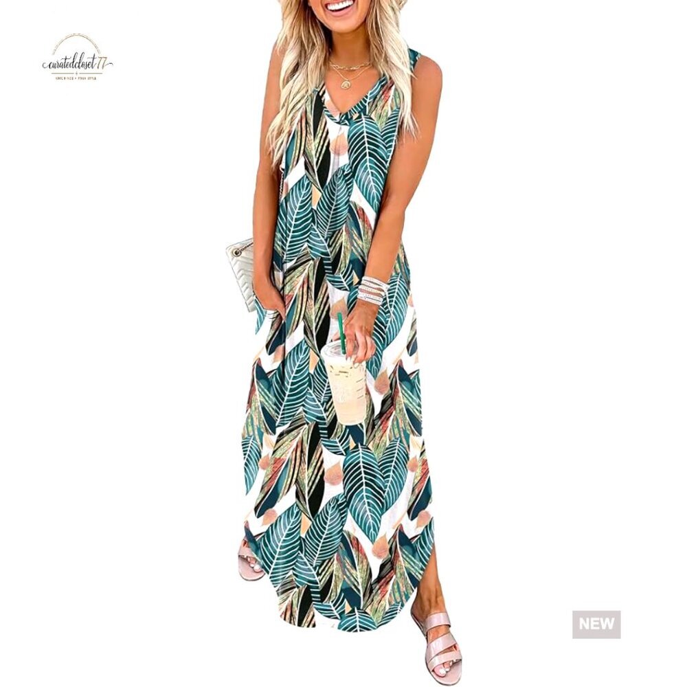 Maxi Dress with Pockets V-Neck Sleeveless Loose Fit Casual Beach Vacation